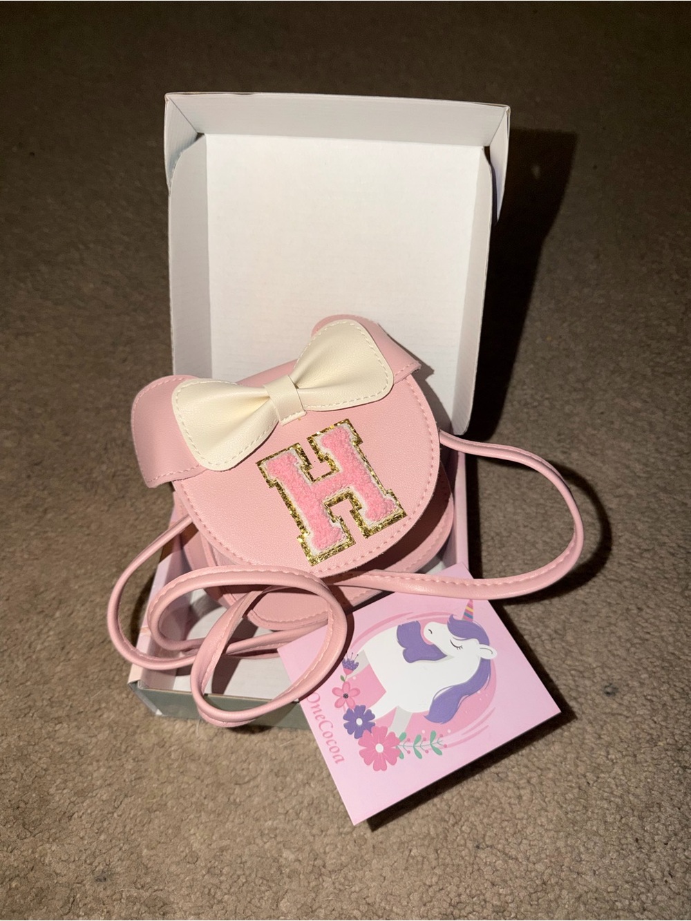 Pink Kids Crossbody Purse with Bow and Gold H Accent